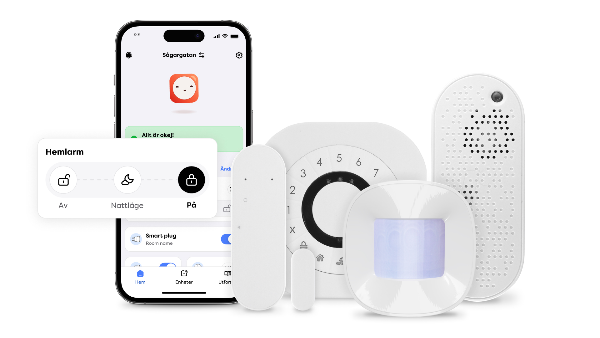Produktbild på rörelsedetektor, kontrollpanel, magnetsensor och siren i tilläggstjänsten Alf.