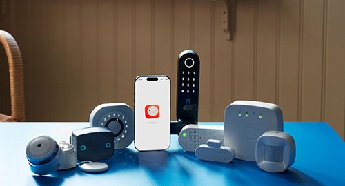 En kvinna står vid en ytterdörr och knappar på en knappsats till ett hemlarm.