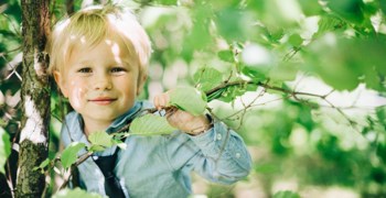 Foto av ett barn vid ett träd på våren.