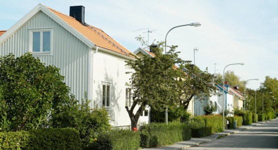 Villor på rad i ett lummigt villakvarter.