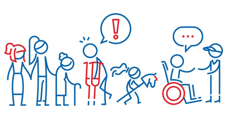 Två kvinnor i sällskap med en äldre dam med käpp. En man på kryckor hälsar på den äldre kvinnan. Bredvid dem springer ett litet barn med en käpphäst mot en person i rullstol som pratar med en person i keps. Illustration.