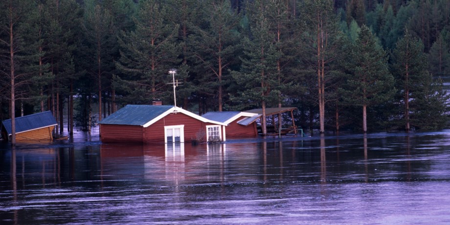 Stugor som står i översvämmat vatten.
