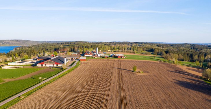 Flygbild över produktionslantbruk.