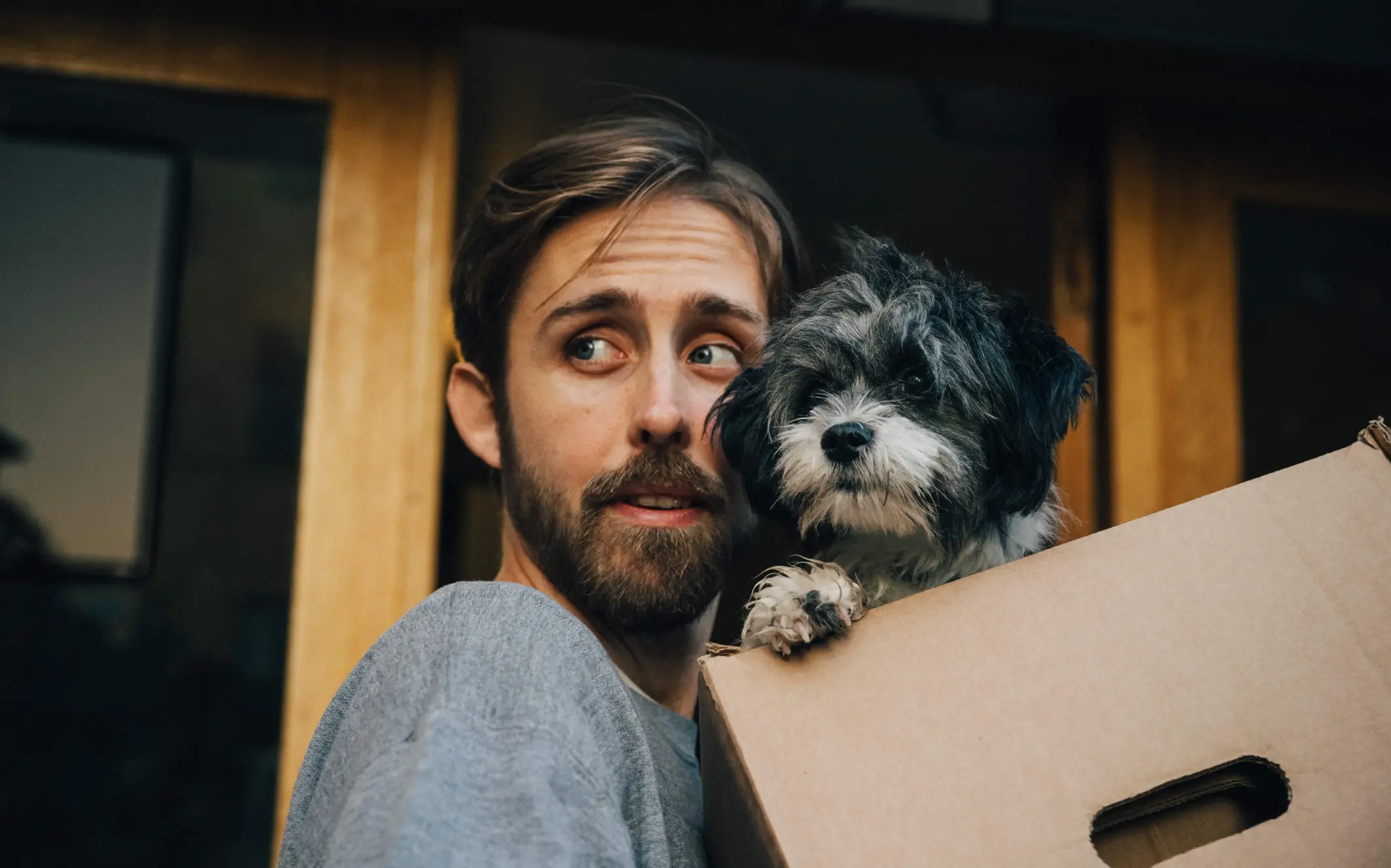 Man håller en låda med en hund i.