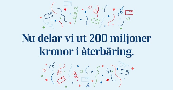 Illustrattion med budskapet "Nu delar vi ut 200 miljoner kronor i återbäring"