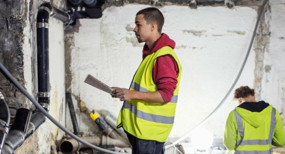 Man i reflexväst inspekterar rör på byggarbetsplats.