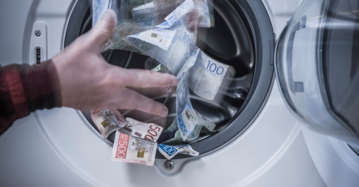 Foto på hand som kastar in sedlar i en tvättmaskin.