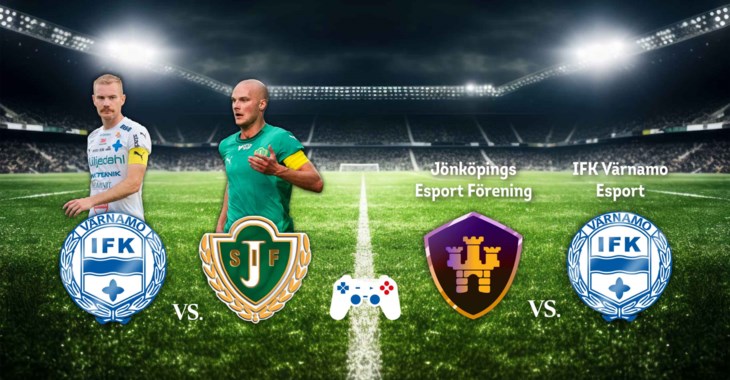 Spelare, gamingkontroll och en grön fotbollsplan.