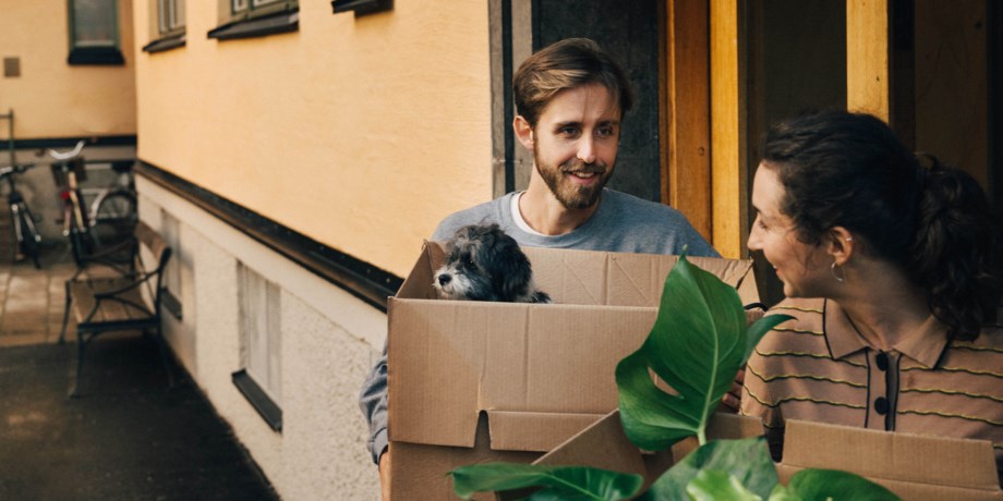 Kille med en liten hund i en flyttkartong