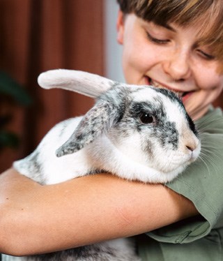 Barn kramar en kanin.