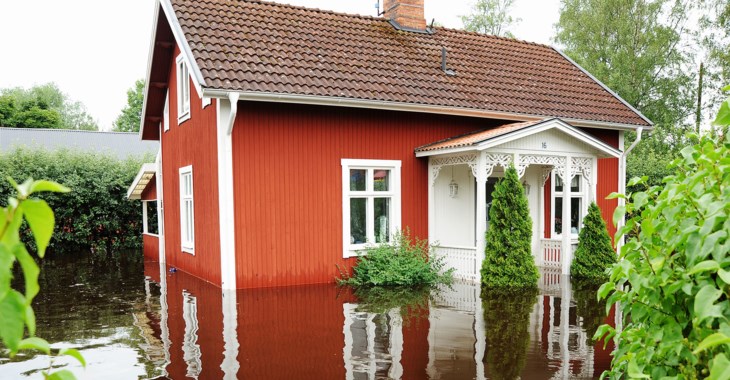 Rött trähus som står i vatten i översvämmad trädgård.