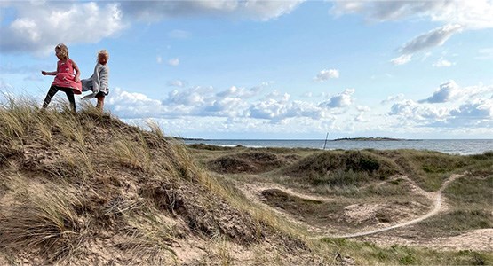 Två barn springer vid sanddynorna på en strand i Halmstad.