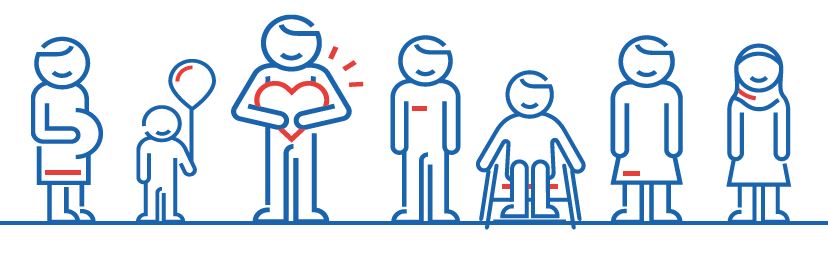 Illustration med olika människor på rad. Gravid, barn, man, rullstolsburen, kvinna med flera.
